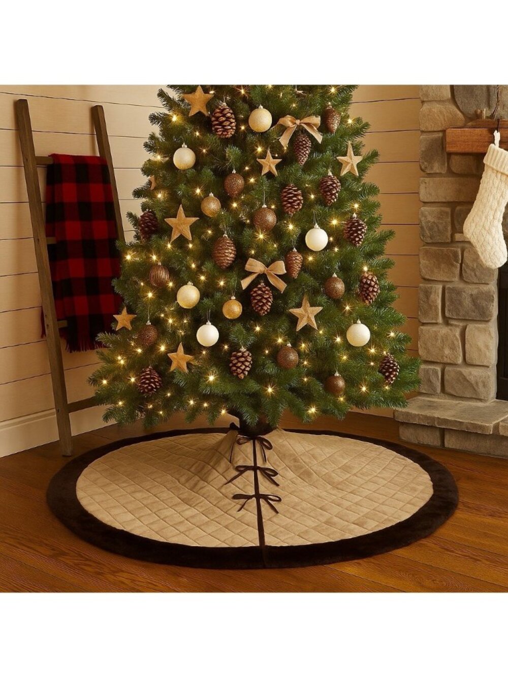 VTG Handmade 60” Quilted Faux Suede Woodland Christmas Tree Skirt Faux Fur Trim